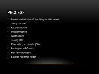 PROCESS
• Imports steel coils from China, Malaysia, Indonesia etc.
• Slitting machine
• Recoiler machine
• Uncoiler machine
• Welding point
• Turning table
• Reverse loop accumulator (RLA)
• Forming loops (DC motor)
• High frequency welder
• Electrical resistance welder
 
