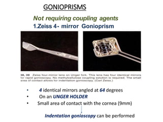 GONIOPRISMS
Not requiring coupling agents
1.Zeiss 4- mirror Gonioprism
• 4 identical mirrors angled at 64 degrees
• On an UNGER HOLDER
• Small area of contact with the cornea (9mm)
Indentation gonioscopy can be performed
 