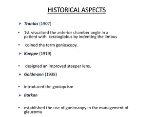 HISTORICALASPECTS
 Trantas (1907)
• 1st visualized the anterior chamber angle in a
patient with keratoglobus by indenting the limbus
• coined the term gonioscopy.
 Koeppe (1919)
• designed an improved steeper lens.
 Goldmann (1938)
• introduced the gonioprism
 Barkan
• established the use of gonioscopy in the management of
glaucoma
 