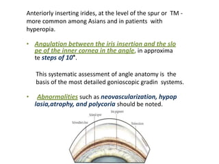 Anteriorly inserting irides, at the level of the spur or TM -
more common among Asians and in patients with
hyperopia.
• Angulation between the iris insertion and the slo
pe of the inner cornea in the angle, in approxima
te steps of 10°.
This systematic assessment of angle anatomy is the
basis of the most detailed gonioscopic gradin systems.
• Abnormalities such as neovascularization, hypop
lasia,atrophy, and polycoria should be noted.
 