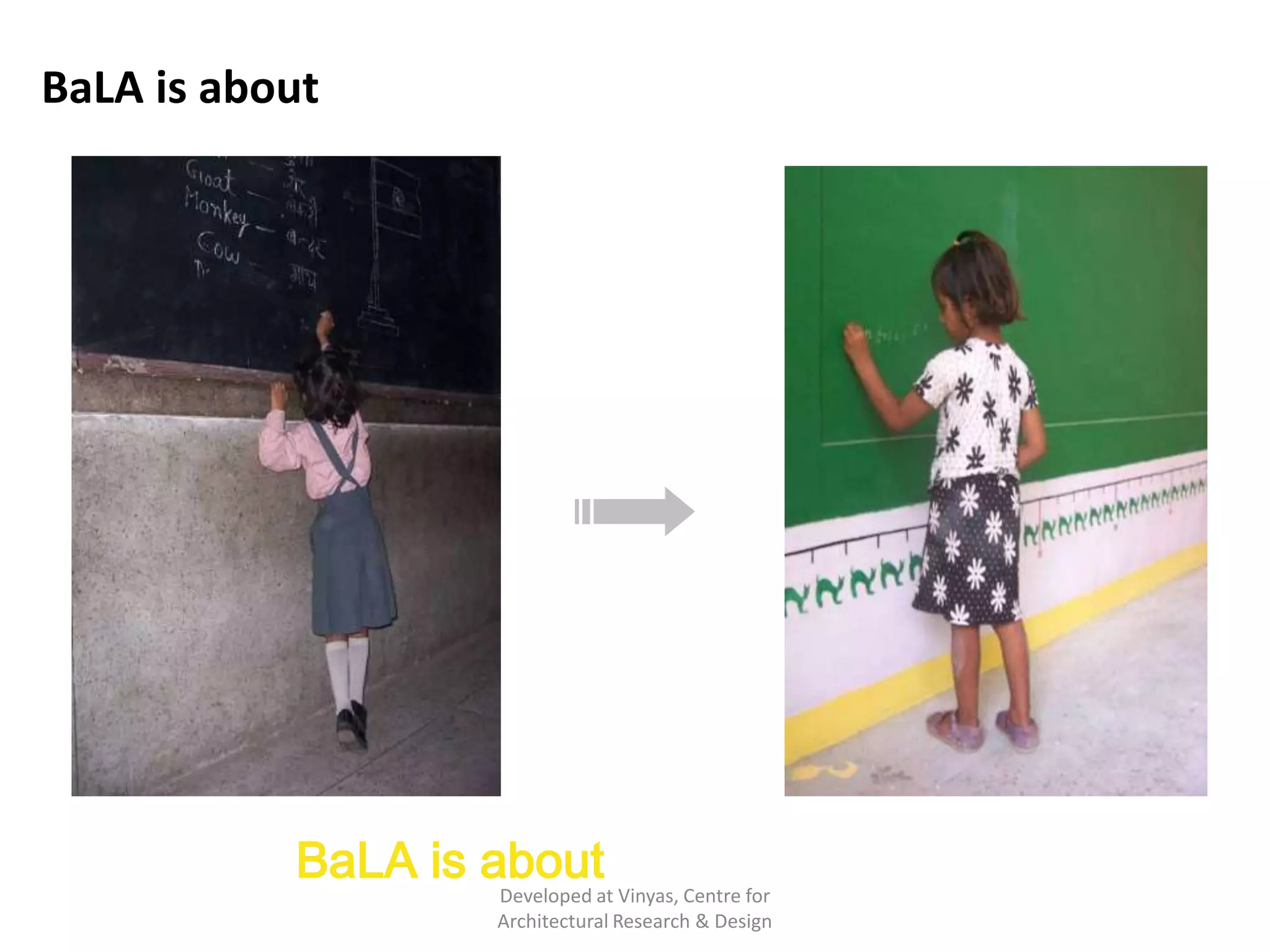 BaLA is about transforming our attitudes towards children

BaLA is about child friendliness
Developed at Vinyas, Centre for
Architectural Research & Design

 