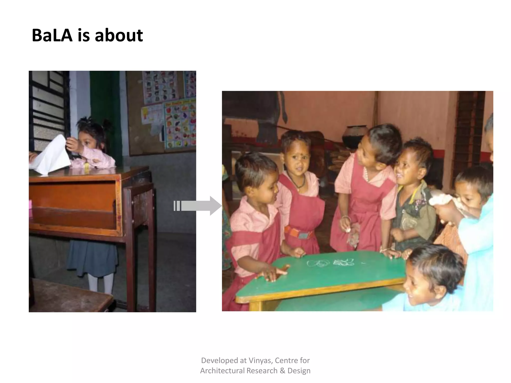 BaLA is about facilitating natural behaviour of children

Developed at Vinyas, Centre for
Architectural Research & Design

 
