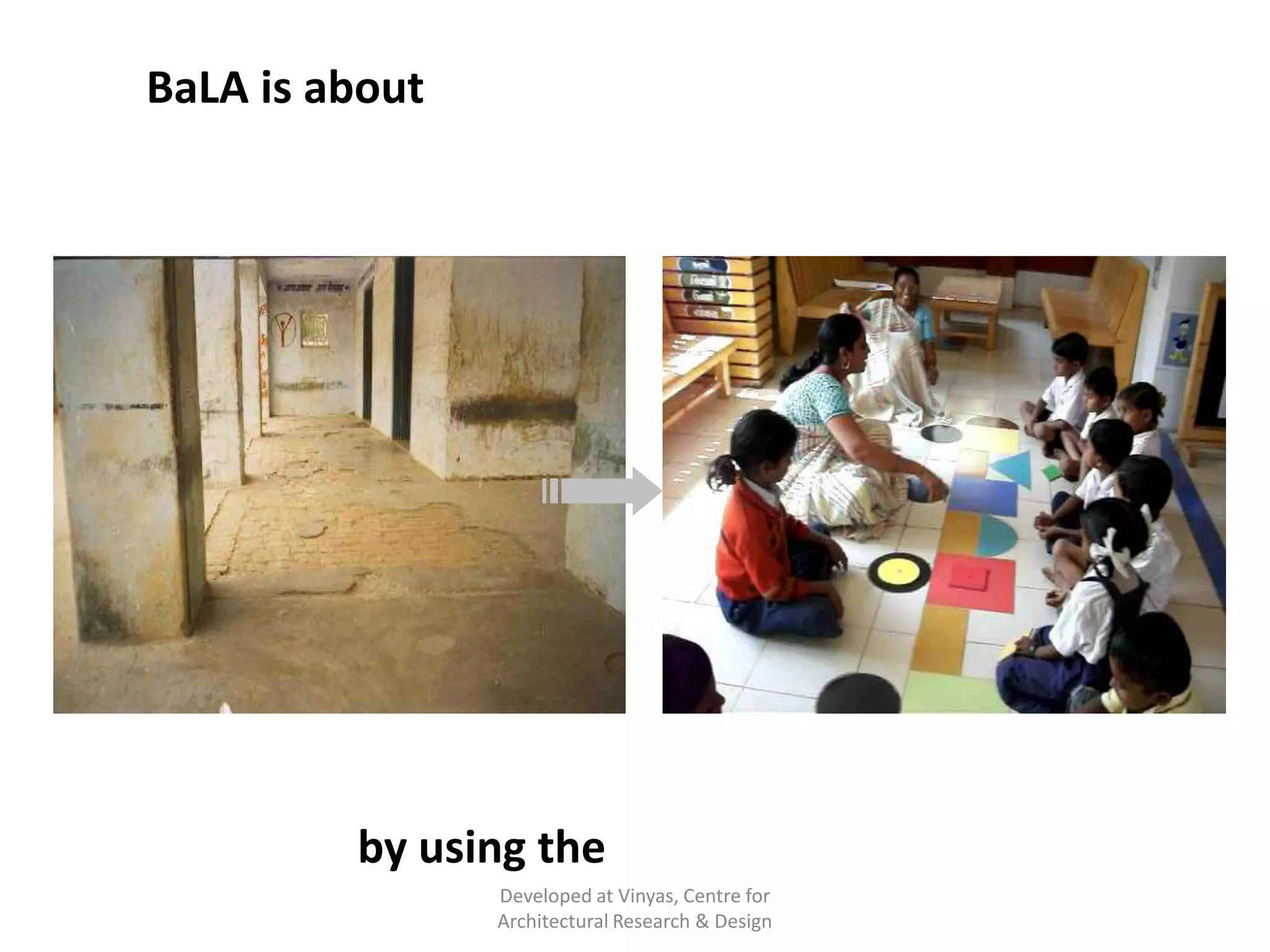 BaLA is about making playful learning resources

by using the built elements
Developed at Vinyas, Centre for
Architectural Research & Design

 