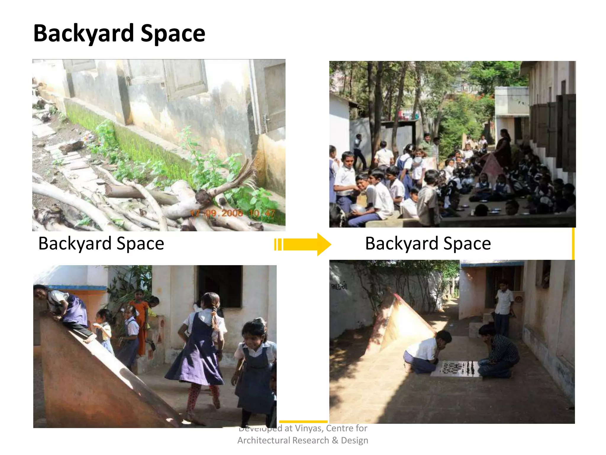 Backyard Space before & after BaLA

Backyard Space before

Backyard Space after

Developed at Vinyas, Centre for
Architectural Research & Design

 
