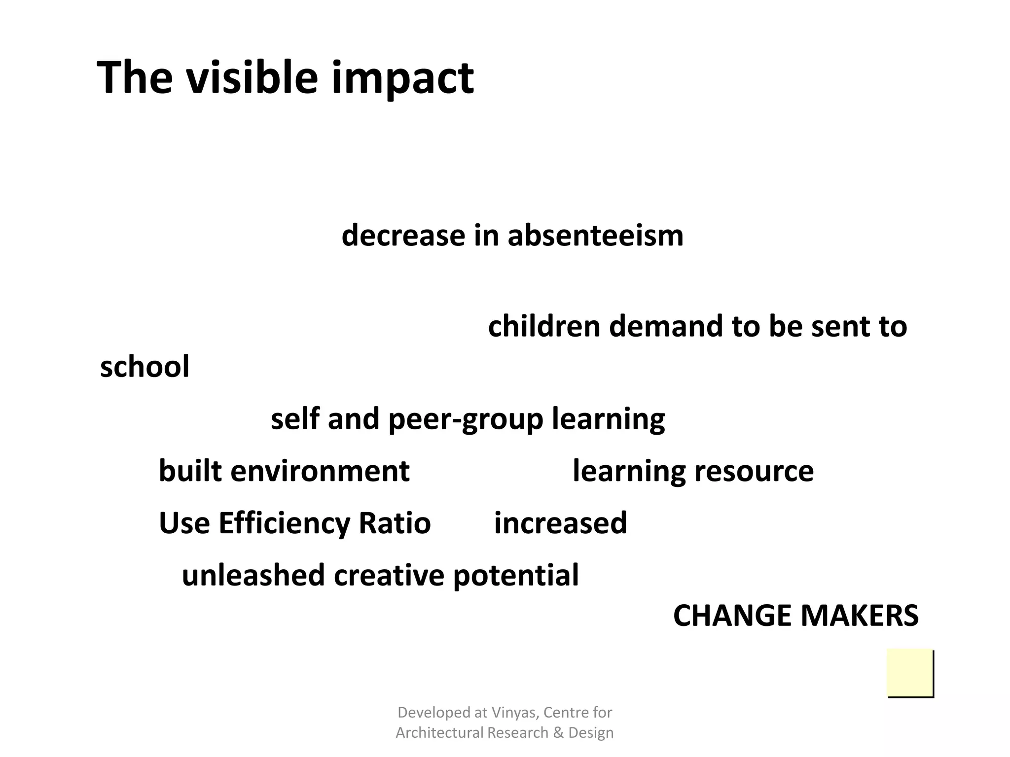 The visible impact
• There has been a decrease in absenteeism
• Earlier Aanganwadi workers and teachers had to pursue the
parents for enrolment. Now children demand to be sent to
school
• Instances of self and peer-group learning have increased
• The built environment becomes a learning resource

• The Use Efficiency Ratio has increased significantly
• It has unleashed creative potential of Teachers, Headmasters,
Engineers and the Community to become CHANGE MAKERS
Developed at Vinyas, Centre for
Architectural Research & Design

 