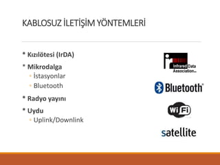 KABLOSUZ İLETİŞİM YÖNTEMLERİ
* Kızılötesi (IrDA)
* Mikrodalga
◦ İstasyonlar
◦ Bluetooth
* Radyo yayını
* Uydu
◦ Uplink/Downlink
 