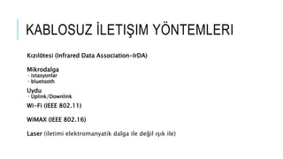 KABLOSUZ İLETIŞIM YÖNTEMLERI
Kızılötesi (Infrared Data Association-IrDA)
Mikrodalga
 istasyonlar
 bluetooth
Uydu
 Uplink/Downlink
Wi-Fi (IEEE 802.11)
WiMAX (IEEE 802.16)
Laser (iletimi elektromanyatik dalga ile değil ışık ile)
 