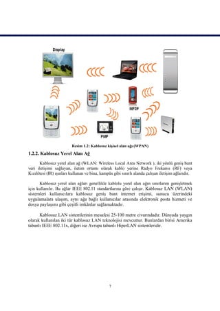 Resim 1.2: Kablosuz kişisel alan ağı (WPAN)
1.2.2. Kablosuz Yerel Alan Ağ

      Kablosuz yerel alan ağ (WLAN: Wireless Local Area Network ), iki yönlü geniş bant
veri iletişimi sağlayan, iletim ortamı olarak kablo yerine Radyo Frekansı (RF) veya
Kızılötesi (IR) ışınları kullanan ve bina, kampüs gibi sınırlı alanda çalışan iletişim ağlarıdır.

      Kablosuz yerel alan ağları genellikle kablolu yerel alan ağın sınırlarını genişletmek
için kullanılır. Bu ağlar IEEE 802.11 standartlarına göre çalışır. Kablosuz LAN (WLAN)
sistemleri kullanıcılara kablosuz geniş bant internet erişimi, sunucu üzerindeki
uygulamalara ulaşım, aynı ağa bağlı kullanıcılar arasında elektronik posta hizmeti ve
dosya paylaşımı gibi çeşitli imkânlar sağlamaktadır.

      Kablosuz LAN sistemlerinin mesafesi 25-100 metre civarındadır. Dünyada yaygın
olarak kullanılan iki tür kablosuz LAN teknolojisi mevcuttur. Bunlardan birisi Amerika
tabanlı IEEE 802.11x, diğeri ise Avrupa tabanlı HiperLAN sistemleridir.




                                               7
 