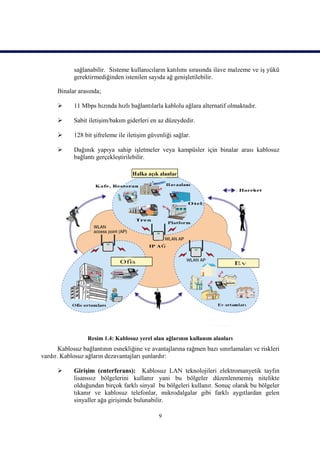 sağlanabilir. Sisteme kullanıcıların katılımı sırasında ilave malzeme ve iş yükü
            gerektirmediğinden istenilen sayıda ağ genişletilebilir.

      Binalar arasında;

           11 Mbps hızında hızlı bağlantılarla kablolu ağlara alternatif olmaktadır.

           Sabit iletişim/bakım giderleri en az düzeydedir.

           128 bit şifreleme ile iletişim güvenliği sağlar.

           Dağınık yapıya sahip işletmeler veya kampüsler için binalar arası kablosuz
            bağlantı gerçekleştirilebilir.




                  Resim 1.4: Kablosuz yerel alan ağlarının kullanım alanları
       Kablosuz bağlantının esnekliğine ve avantajlarına rağmen bazı sınırlamaları ve riskleri
vardır. Kablosuz ağların dezavantajları şunlardır:

           Girişim (enterferans): Kablosuz LAN teknolojileri elektromanyetik tayfın
            lisanssız bölgelerini kullanır yani bu bölgeler düzenlenmemiş nitelikte
            olduğundan birçok farklı sinyal bu bölgeleri kullanır. Sonuç olarak bu bölgeler
            tıkanır ve kablosuz telefonlar, mikrodalgalar gibi farklı aygıtlardan gelen
            sinyaller ağa girişimde bulunabilir.

                                               9
 