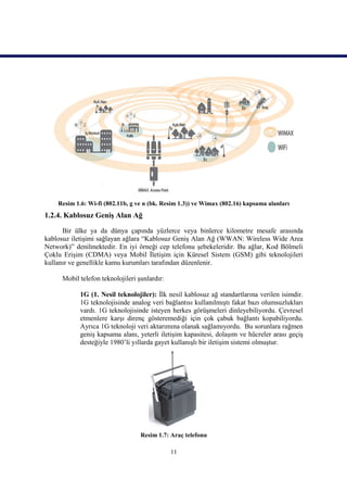Resim 1.6: Wi-fi (802.11b, g ve n (bk. Resim 1.3)) ve Wimax (802.16) kapsama alanları
1.2.4. Kablosuz Geniş Alan Ağ

      Bir ülke ya da dünya çapında yüzlerce veya binlerce kilometre mesafe arasında
kablosuz iletişimi sağlayan ağlara “Kablosuz Geniş Alan Ağ (WWAN: Wireless Wide Area
Network)” denilmektedir. En iyi örneği cep telefonu şebekeleridir. Bu ağlar, Kod Bölmeli
Çoklu Erişim (CDMA) veya Mobil İletişim için Küresel Sistem (GSM) gibi teknolojileri
kullanır ve genellikle kamu kurumları tarafından düzenlenir.

      Mobil telefon teknolojileri şunlardır:

            1G (1. Nesil teknolojiler): İlk nesil kablosuz ağ standartlarına verilen isimdir.
            1G teknolojisinde analog veri bağlantısı kullanılmıştı fakat bazı olumsuzlukları
            vardı. 1G teknolojisinde isteyen herkes görüşmeleri dinleyebiliyordu. Çevresel
            etmenlere karşı direnç gösteremediği için çok çabuk bağlantı kopabiliyordu.
            Ayrıca 1G teknoloji veri aktarımına olanak sağlamıyordu. Bu sorunlara rağmen
            geniş kapsama alanı, yeterli iletişim kapasitesi, dolaşım ve hücreler arası geçiş
            desteğiyle 1980’li yıllarda gayet kullanışlı bir iletişim sistemi olmuştur.




                                   Resim 1.7: Araç telefonu

                                               11
 