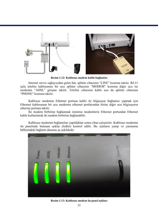Resim 1.12: Kablosuz modem kablo bağlantısı
      Internet servis sağlayıcıdan gelen hat, splitter cihazının “LINE” kısmına takılır. RJ-11
uçlu telefon kablosunun bir ucu splitter cihazının “MODEM” kısmına diğer ucu ise
modemin “ADSL” girişine takılır. Telefon cihazının kablo ucu da splitter cihazının
“PHONE” kısmına takılır.

      Kablosuz modemin Ethernet portuna kablo ile bilgisayar bağlantısı yapmak için
Ethernet kablosunun bir ucu modemin ethernet portlarından birine diğer ucu bilgisayarın
ethernet portuna takılır.
      İki modem birbirine bağlanmak istenirse modemlerin Ethernet portundan Ethernet
kablo kullanılarak iki modem birbirine bağlanabilir.

       Kablosuz modemin bağlantıları yapıldıktan sonra cihaz çalıştırılır. Kablosuz modemin
ön panelinde bulunan ışıklar (ledler) kontrol edilir. Bu ışıkların yanıp ve yanmama
hâllerindeki bağlantı durumu şu şekildedir:




                        Resim 1.13: Kablosuz modem ön panel ışıkları
                                             22
 