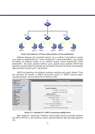 Resim 1.20: Kablosuz LAN’ların erişim noktaları (AP) ile genişletilmesi
      Kablosuz kapsama alanı artırılmak isteniyor ise ve ortamda 2 adet kablosuz modem
varsa kablosuz modemlerden biri “Erişim Noktası(AP)” olarak kullanılabilir veya ortamda
bir kablolu, bir kablosuz modem var ise kablosuz modem “Erişim Noktası(AP)” olarak
kullanılabilir. Bu işlemi yaparken kablosuz yayın yapacak ikinci modemin DHCP’sinin
kapatılması gerekir çünkü iki modemde ağ ortamındaki istemcilere IP atamak isteyeceğinden
ağda çakışmalar meydana gelir ve ağ çalışmaz.

      DHCP’nin kapatılması için kablosuz modemin arayüzüne giriş yapılır. Burada “Yerel
Ağ” içerisinde “IP Ayarları ve DHCP” penceresine geçilir ve “DHCP sunucusu kapat”
seçeneği işaretlenir. Ayrıca modeme bir IP numarası verilir.




               Resim 1.21: Modemin IP ve DHCP ayarlarının yapıldığı ekran
       Not: “Kablosuz” sekmesinde, “Kablosuz Ağ Güvenliği” penceresi içerisinde şifreleme
tipi (WPA1-WPA2) ve şifre belirleme ayarları yapılarak kablosuz ağın güvenliği sağlanmış
olur.
                                             27
 