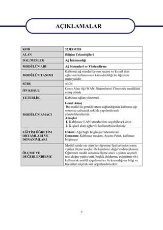 AÇIKLAMALAR

                 AÇIKLAMALAR
KOD                523EO0320
ALAN               Bilişim Teknolojileri
DAL/MESLEK         Ağ İşletmenliği
MODÜLÜN ADI        Ağ Sistemleri ve Yönlendirme
                   Kablosuz ağ standartlarının seçimi ve kişisel alan
MODÜLÜN TANIMI     ağlarının kullanımının kazandırıldığı bir öğrenme
                   materyalidir.
SÜRE               40/24
                   Geniş Alan Ağ (WAN) Sistemlerini Yönetmek modülünü
ÖN KOŞUL
                   almış olmak
YETERLİK           Kablosuz ağları yönetmek
                   Genel Amaç
                    Bu modül ile gerekli ortam sağlandığında kablosuz ağı
                   sorunsuz çalışacak şekilde yapılandırarak
MODÜLÜN AMACI      yönetebileceksiniz.
                   Amaçlar
                   1. Kablosuz LAN standardını seçebileceksiniz.
                   2. Kişisel alan ağlarını kullanabileceksiniz.
EĞİTİM ÖĞRETİM     Ortam: Ağa bağlı bilgisayar laboratuvarı
ORTAMLARI VE       Donanım: Kablosuz modem, Access Point, kablosuz
DONANIMLARI        bilgisayar
                   Modül içinde yer alan her öğrenme faaliyetinden sonra
                   verilen ölçme araçları ile kendinizi değerlendireceksiniz.
ÖLÇME VE           Öğretmen modül sonunda ölçme aracı (çoktan seçmeli
DEĞERLENDİRME      test, doğru-yanlış testi, boşluk doldurma, eşleştirme vb.)
                   kullanarak modül uygulamaları ile kazandığınız bilgi ve
                   becerileri ölçerek sizi değerlendirecektir.




                               ii
 