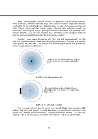 Anten, elektromanyetik dalgaları yaymak veya yakalamak için kullanılan elektronik
devre elemanıdır. Antenler vericilere bağlı olarak kullanıldıklarında enerjilerini, frekansı
ayarlanabilir bir güç osilatöründen alır. Küçük bir kısmı ısıya çevrilip harcanan enerjinin geri
kalan bölümü, anten tarafından boşluğa yayılır. Alıcılara bağlı kullanılan antenler ise
boşluktaki elektromanyetik enerjiyi yakalayıp bunu bir transmisyon hattı vasıtasıyla alıcı
devreye iletmektir. Alıcı ve verici antenleri, fiziki özellikleri nazara alındığında farksızdır
hatta bir anten aynı anda hem alıcı hem de verici vazifesi görebilir.

      Antenler, sinyal yayma biçimlerine göre “tek yöne açık (unidirectional)” ve “tüm
yöne açık (omnidirectional)” olmak üzere iki şekilde sınıflandırılır. Tek yöne açık antenler,
sinyal gücünü bir yöne verir. Tüm yönlere açık antenler sinyal gücünü tüm yönlere eşit
olarak verecek şekilde tasarlanmıştır.




                              Şekil 1.7: Tüm yöne açık anten tipi




                               Şekil 1.8: Tek yöne açık anten tipi
      Tek yöne açık antenler tüm sinyali bir yöne vererek büyük iletim mesafeleri elde
edebilir. Tek yöne açık antenler normalde köprüleme uygulamalarında kullanılırken tüm
yönlere açık antenler erişim noktalarında, kablosuz modemlerde bulunur. Tek yöne açık
antenler 14 db’de çalışmaktadır. Tüm yönlere açık antenler 7 ve 5 db’de çalışmaktadır.




                                               36
 