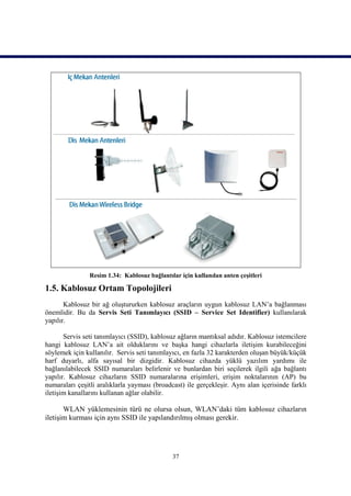 Resim 1.34: Kablosuz bağlantılar için kullanılan anten çeşitleri

1.5. Kablosuz Ortam Topolojileri
       Kablosuz bir ağ oluştururken kablosuz araçların uygun kablosuz LAN’a bağlanması
önemlidir. Bu da Servis Seti Tanımlayıcı (SSID – Service Set Identifier) kullanılarak
yapılır.

       Servis seti tanımlayıcı (SSID), kablosuz ağların mantıksal adıdır. Kablosuz istemcilere
hangi kablosuz LAN’a ait olduklarını ve başka hangi cihazlarla iletişim kurabileceğini
söylemek için kullanılır. Servis seti tanımlayıcı, en fazla 32 karakterden oluşan büyük/küçük
harf duyarlı, alfa sayısal bir dizgidir. Kablosuz cihazda yüklü yazılım yardımı ile
bağlanılabilecek SSID numaraları belirlenir ve bunlardan biri seçilerek ilgili ağa bağlantı
yapılır. Kablosuz cihazların SSID numaralarına erişimleri, erişim noktalarının (AP) bu
numaraları çeşitli aralıklarla yayması (broadcast) ile gerçekleşir. Aynı alan içerisinde farklı
iletişim kanallarını kullanan ağlar olabilir.

       WLAN yüklemesinin türü ne olursa olsun, WLAN’daki tüm kablosuz cihazların
iletişim kurması için aynı SSID ile yapılandırılmış olması gerekir.




                                              37
 