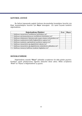 KONTROL LİSTESİ

      Bu faaliyet kapsamında aşağıda listelenen davranışlardan kazandığınız beceriler için
Evet, kazanamadığınız beceriler için Hayır kutucuğuna (X) işareti koyarak kendinizi
değerlendiriniz.


                       Değerlendirme Ölçütleri                              Evet   Hayır
 1.   Kablosuz istemcilerin özelliklerini belirlediniz mi?
 2.   Kablosuz ağ donanımlarınızın özelliklerini belirlediniz mi?
 3.   Kablosuz modeminizi laboratuvarda uygun ortama yerleştirdiniz mi?
 4.   Kablosuz modeminizin kablo bağlantılarını yaptınız mı?
 5.   Kablosuz modemin yapılandırma ayarlarını yaptınız mı?
 6.   Kablosuz istemcilerin ağ adaptörlerini taktınız mı?
 7.   Kablosuz istemcilerin ağ adaptörlerinin sürücülerini yüklediniz mi?
 8.   Kablosuz istemciyi kablosuz modeme bağladınız mı?




DEĞERLENDİRME
     Değerlendirme sonunda “Hayır” şeklindeki cevaplarınızı bir daha gözden geçiriniz.
Kendinizi yeterli görmüyorsanız öğrenme faaliyetini tekrar ediniz. Bütün cevaplarınız
“Evet” ise “Ölçme ve Değerlendirme”ye geçiniz.




                                             43
 