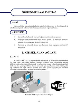 ÖĞRENME FAALİYETİ–2
                  ÖĞRENME FAALİYETİ–2
   AMAÇ
      Kablosuz kişisel alan ağlarda kullanılan teknolojileri kavrayıp wi-fi ve bluetooth ağ
cihazlarını tanıyacak, kablosuz kişisel alan ağ kurulumunu yapabileceksiniz.

   ARAŞTIRMA

           Cep telefonu kullanarak internete bağlanma yöntemlerini araştırınız.
           Bilgisayar çevre elemanları (klavye, mouse, yazıcı ) ile bilgisayar arasındaki
            kablosuz iletişim teknikleri nelerdir? Araştırınız.
           Kablosuz ağ ortamında dosya veya kablosuz cihaz paylaşımı nasıl yapılır?
            Araştırınız.


                  2. KİŞİSEL ALAN AĞLARI
2.1. Wi-Fi
       Wi-Fi IEEE 802.11b,g ve n standartlarını destekleyen ağ ortamlarına verilen isimdir.
Ev veya küçük işyerlerinde kablosuz bağlantı özelliğine sahip bilgisayarlar arasında
kablosuz modem üzerinden (altyapılı ağ) veya kablosuz modem kullanılmadan (geçici ağ)
bir kişisel alan ağı oluşturulabilir. Bunun sonucunda aynı ağda bulunan bütün bilgisayarlar,
cep telefonları ve diğer kablosuz aygıtlar dosya veya yazıcı paylaşımı gibi özellikleri
kullanarak iletişim kurabilir, aynı hattan internete çıkabilir.




                           Resim 2.1: Wi-Fi erişim ortamı ve wi-fi logosu



                                                46
 