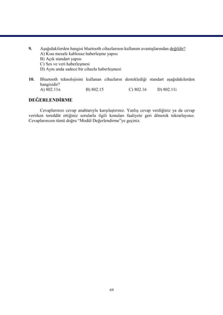 9.    Aşağıdakilerden hangisi bluetooth cihazlarının kullanım avantajlarından değildir?
      A) Kısa mesafe kablosuz haberleşme yapısı
      B) Açık standart yapısı
      C) Ses ve veri haberleşmesi
      D) Aynı anda sadece bir cihazla haberleşmesi

10.   Bluetooth teknolojisini kullanan cihazların desteklediği standart aşağıdakilerden
      hangisidir?
      A) 802.11n              B) 802.15             C) 802.16      D) 802.11i

DEĞERLENDİRME

      Cevaplarınızı cevap anahtarıyla karşılaştırınız. Yanlış cevap verdiğiniz ya da cevap
verirken tereddüt ettiğiniz sorularla ilgili konuları faaliyete geri dönerek tekrarlayınız.
Cevaplarınızın tümü doğru “Modül Değerlendirme”ye geçiniz.




                                            69
 