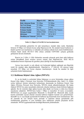 Özellik                 HiperLAN2         802.11a
              Brüt Aktarım Oranı      54 Mbps           54 Mbps
              Net Veri Oranı          32 Mbps           32 Mbps
              Frekans Bandı           5 GHz             5 GHz
              Frekans Seçimi          Tek Taşıyıcı      DFS ile Tek Taşıyıcı
              Ortama Erişim           TDMA/TDD          CSMA/CA
              Şifreleme               DES, 3DES         40 bit RC4
              Modülasyon Yöntemi      OFDM              OFDM


                     Tablo 1.3: HiperLAN ile 802.11a’nın karşılaştırması

       ETSI tarafından geliştirilen iki adet tamamlayıcı standart daha vardır. Bunlardan
birincisi 25 Mbps veri iletişim hızına sahip Hiperaccess’dir. Bu standart kişisel kullanım ve
küçük işyerleri için tasarlanmış ve noktadan çok noktaya yüksek hızlı erişim hedeflenmiştir.
Frekans bandı olarak 40.5-43.5 GHz olması yönünde CEPT/ERC çalışma grubunda
görüşmeler devam etmektedir.

      İkincisi ise 2 GHz–11 GHz frekansları arasında çalışacak geniş bant sabit kablosuz
erişim (broadband fixed wireless access) sistemi olan Hiperman’dır. IEEE 802.16
standardının benzeri Hiperman iki gurubun yakın işbirliği ile hazırlanmaktadır.

       Ayrıca, kısa mesafe ve çok yüksek veri hızlarında bağlantı sağlamak için Hiperlink
isimli bir standart daha düşünülmektedir. Hiperlink’in, 17 GHz’de 150 metreye kadar
mesafede 155 Mbps veri hızına ulaşması tasarlanmıştır. Ancak bu standart ile ilgili
çalışmalar henüz başlamamıştır.

1.3. Kablosuz Kişisel Alan Ağları (WPAN)
       Ev ya da küçük iş yerlerinde birkaç bilgisayar ve çevre biriminden oluşan ağlara
Kişisel Alan Ağları ( Personal Area Networks, PAN)denmektedir (bkz. Şekil 1.3). Kablo
yerine kablosuz iletişim teknolojisi kullanılması durumunda ise Kablosuz Kişisel Alan
Ağları (Wireless Personal Area Networks, WPAN) olarak adlandırılmaktadır. Bir başka
ifadeyle WPAN’lar yakın mesafedeki elektronik cihazları kablosuz olarak birbirine bağlayan
ağlardır. Bu tür sistemler diğer ağlara kıyasla daha düşük veri hızına ve daha kısa iletişim
mesafesine sahiptirler. WPAN’ların hızları 1 Mbps ve menzilleri 10 metre civarındadır.
WPAN’ların en yaygın uygulamaları Bluetooth ve HomeRF’dir. Bluetooth daha ziyade
kişinin etrafındaki sayısal cihazlar arasında kablosuz bağlantı kurmak için geliştirilmiştir.
HomeRF ise ev veya küçük işyerlerinde bir kablosuz ağ oluşturmak üzere tasarlanmıştır. Her
iki sistemde de veri iletişim hızını artırmak ve kapsama alanını genişletmek gibi
özelliklerinde geliştirme ve yeni özellikler ilave edilmesine yönelik çalışmalar devam
etmektedir. WPAN uygulamalarında öncülüğü Bluetooth yürütmektedir.



                                             12
 