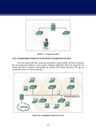 Resim 1.7: Temel Servis Seti

1.6.2. Genişletilmiş Temel Servis Seti (ESS: Extended Service Set)

       En az iki düzenli BSS’den oluşan ağ sistemlerine verilen isimdir. İki katlı bir binanın
her bir katında birer kablosuz erişim noktası olduğunu düşünelim. Böyle bir yapıda her bir
kattaki ağı BSS ve binanın tamamındaki ağ yapısını ESS olarak tanımlarız. Bu ağa ait
topolojimiz resim 1.8’e benzer olacaktır.




                          Resim 1.8: Genişletilmiş Temel Servis Seti




                                             23
 