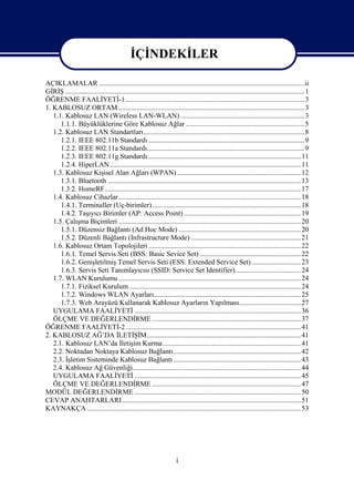İÇİNDEKİLER

AÇIKLAMALAR ....................................................................................................................ii
GİRİŞ .......................................................................................................................................1
ÖĞRENME FAALİYETİ-1 .....................................................................................................3
1. KABLOSUZ ORTAM .........................................................................................................3
   1.1. Kablosuz LAN (Wireless LAN-WLAN) ......................................................................3
      1.1.1. Büyüklüklerine Göre Kablosuz Ağlar ...................................................................5
   1.2. Kablosuz LAN Standartları........................................................................................... 8
      1.2.1. IEEE 802.11b Standardı ........................................................................................ 9
      1.2.2. IEEE 802.11a Standardı......................................................................................... 9
      1.2.3. IEEE 802.11g Standardı ...................................................................................... 11
      1.2.4. HiperLAN............................................................................................................ 11
   1.3. Kablosuz Kişisel Alan Ağları (WPAN) ......................................................................12
      1.3.1. Bluetooth ............................................................................................................. 13
      1.3.2. HomeRF............................................................................................................... 17
   1.4. Kablosuz Cihazlar .......................................................................................................18
      1.4.1. Terminaller (Uç-birimler).................................................................................... 18
      1.4.2. Taşıyıcı Birimler (AP: Access Point) ..................................................................19
   1.5. Çalışma Biçimleri .......................................................................................................20
      1.5.1. Düzensiz Bağlantı (Ad Hoc Mode) .....................................................................20
      1.5.2. Düzenli Bağlantı (Infrastructure Mode) .............................................................. 21
   1.6. Kablosuz Ortam Topolojileri ...................................................................................... 22
      1.6.1. Temel Servis Seti (BSS: Basic Sevice Set) ......................................................... 22
      1.6.2. Genişletilmiş Temel Servis Seti (ESS: Extended Service Set)............................ 23
      1.6.3. Servis Seti Tanımlayıcısı (SSID: Service Set Identifier).....................................24
   1.7. WLAN Kurulumu .......................................................................................................24
      1.7.1. Fiziksel Kurulum .................................................................................................24
      1.7.2. Windows WLAN Ayarları................................................................................... 25
      1.7.3. Web Arayüzü Kullanarak Kablosuz Ayarların Yapılması...................................27
   UYGULAMA FAALİYETİ .............................................................................................. 36
   ÖLÇME VE DEĞERLENDİRME .................................................................................... 37
ÖĞRENME FAALİYETİ-2 ...................................................................................................41
2. KABLOSUZ AĞ’DA İLETİŞİM....................................................................................... 41
   2.1. Kablosuz LAN’da İletişim Kurma .............................................................................. 41
   2.2. Noktadan Noktaya Kablosuz Bağlantı ........................................................................42
   2.3. İşletim Sisteminde Kablosuz Bağlantı ........................................................................43
   2.4. Kablosuz Ağ Güvenliği............................................................................................... 44
   UYGULAMA FAALİYETİ .............................................................................................. 45
   ÖLÇME VE DEĞERLENDİRME .................................................................................... 47
MODÜL DEĞERLENDİRME .............................................................................................. 50
CEVAP ANAHTARLARI .....................................................................................................51
KAYNAKÇA ......................................................................................................................... 53




                                                                      i
 