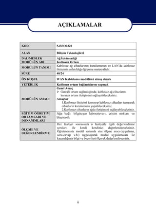 AÇIKLAMALAR
                 AÇIKLAMALAR
KOD              523EO0320

ALAN             Bilişim Teknolojileri
DAL/MESLEK       Ağ İşletmenliği
MODÜLÜN ADI      Kablosuz Ortam
                 Kablosuz ağ cihazlarının kurulumunun ve LAN’da kablosuz
MODÜLÜN TANIMI
                 iletişimin anlatıldığı öğrenme materyalidir.
SÜRE             40/24
ÖN KOŞUL         WAN Kablolama modülünü almış olmak
YETERLİK         Kablosuz ortam bağlantılarını yapmak
                 Genel Amaç
                  Gerekli ortam sağlandığında; kablosuz ağ cihazlarını
                   kurarak ortam iletişimini sağlayabileceksiniz.
MODÜLÜN AMACI    Amaçlar
                    1.Kablosuz iletişimi kavrayıp kablosuz cihazları tanıyarak
                    cihazların kurulumunu yapabileceksiniz.
                    2.Kablosuz cihazların ağda iletişimini sağlayabileceksiniz.
EĞİTİM ÖĞRETİM   Ağa bağlı bilgisayar laboratuvarı, erişim noktası ve
ORTAMLARI VE     bluetooth.
DONANIMLARI
                 Her faaliyet sonrasında o faaliyetle ilgili değerlendirme
                 soruları   ile     kendi    kendinizi     değerlendireceksiniz.
ÖLÇME VE
                 Öğretmeniniz modül sonunda size ölçme aracı (uygulama,
DEĞERLENDİRME
                 soru-cevap v.b.) uygulayarak modül uygulamaları ile
                 kazandığınız bilgi ve becerileri ölçerek değerlendirecektir.




                                 ii
 