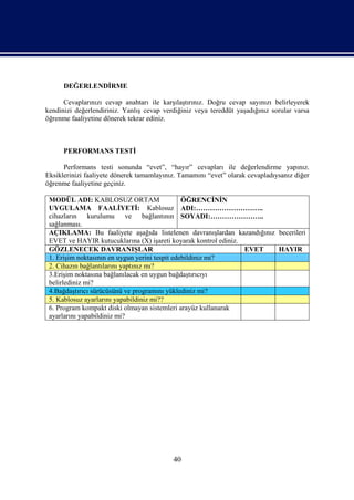 DEĞERLENDİRME

      Cevaplarınızı cevap anahtarı ile karşılaştırınız. Doğru cevap sayınızı belirleyerek
kendinizi değerlendiriniz. Yanlış cevap verdiğiniz veya tereddüt yaşadığınız sorular varsa
öğrenme faaliyetine dönerek tekrar ediniz.



      PERFORMANS TESTİ

      Performans testi sonunda “evet”, “hayır” cevapları ile değerlendirme yapınız.
Eksiklerinizi faaliyete dönerek tamamlayınız. Tamamını “evet” olarak cevapladıysanız diğer
öğrenme faaliyetine geçiniz.

 MODÜL ADI: KABLOSUZ ORTAM                      ÖĞRENCİNİN
 UYGULAMA FAALİYETİ: Kablosuz ADI:………………………..
 cihazların kurulumu ve bağlantının SOYADI:…………………..
 sağlanması.
 AÇIKLAMA: Bu faaliyete aşağıda listelenen davranışlardan kazandığınız becerileri
 EVET ve HAYIR kutucuklarına (X) işareti koyarak kontrol ediniz.
 GÖZLENECEK DAVRANIŞLAR                                          EVET  HAYIR
 1. Erişim noktasının en uygun yerini tespit edebildiniz mi?
 2. Cihazın bağlantılarını yaptınız mı?
 3.Erişim noktasına bağlanılacak en uygun bağdaştırıcıyı
 belirlediniz mi?
 4.Bağdaştırıcı sürücüsünü ve programını yüklediniz mi?
 5. Kablosuz ayarlarını yapabildiniz mi??
 6. Program kompakt diski olmayan sistemleri arayüz kullanarak
 ayarlarını yapabildiniz mi?




                                           40
 