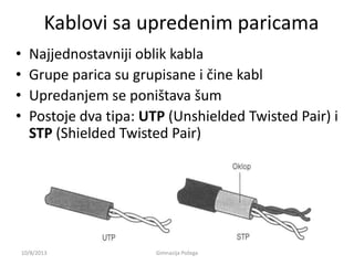 Kablovi sa upredenim paricama
• Najjednostavniji oblik kabla
• Grupe parica su grupisane i čine kabl
• Upredanjem se poništava šum
• Postoje dva tipa: UTP (Unshielded Twisted Pair) i
STP (Shielded Twisted Pair)
10/8/2013 Gimnazija Požega
 