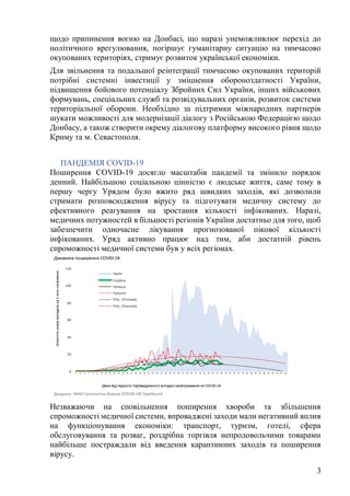 3
щодо припинення вогню на Донбасі, що наразі унеможливлює перехід до
політичного врегулювання, погіршує гуманітарну ситуацію на тимчасово
окупованих територіях, стримує розвиток української економіки.
Для звільнення та подальшої реінтеграції тимчасово окупованих територій
потрібні системні інвестиції у зміцнення обороноздатності України,
підвищення бойового потенціалу Збройних Сил України, інших військових
формувань, спеціальних служб та розвідувальних органів, розвиток системи
територіальної оборони. Необхідно за підтримки міжнародних партнерів
шукати можливості для модернізації діалогу з Російською Федерацією щодо
Донбасу, а також створити окрему діалогову платформу високого рівня щодо
Криму та м. Севастополя.
ПАНДЕМІЯ COVID-19
Поширення COVID-19 досягло масштабів пандемії та змінило порядок
денний. Найбільшою соціальною цінністю є людське життя, cаме тому в
першу чергу Урядом було вжито ряд швидких заходів, які дозволили
стримати розповсюдження вірусу та підготувати медичну систему до
ефективного реагування на зростання кількості інфікованих. Наразі,
медичних потужностей в більшості регіонів України достатньо для того, щоб
забезпечити одночасне лікування прогнозованої пікової кількості
інфікованих. Уряд активно працює над тим, аби достатній рівень
спроможності медичної системи був у всіх регіонах.
Незважаючи на сповільнення поширення хвороби та збільшення
спроможності медичної системи, впроваджені заходи мали негативний вплив
на функціонування економіки: транспорт, туризм, готелі, сфера
обслуговування та розваг, роздрібна торгівля непродовольчими товарами
найбільше постраждали від введення карантинних заходів та поширення
вірусу.
 