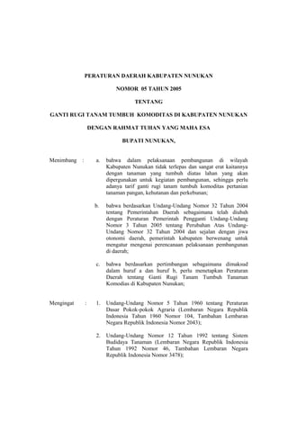 PERATURAN DAERAH KABUPATEN NUNUKAN
NOMOR 05 TAHUN 2005
TENTANG
GANTI RUGI TANAM TUMBUH KOMODITAS DI KABUPATEN NUNUKAN
DENGAN RAHMAT TUHAN YANG MAHA ESA
BUPATI NUNUKAN,
Menimbang : a. bahwa dalam pelaksanaan pembangunan di wilayah
Kabupaten Nunukan tidak terlepas dan sangat erat kaitannya
dengan tanaman yang tumbuh diatas lahan yang akan
dipergunakan untuk kegiatan pembangunan, sehingga perlu
adanya tarif ganti rugi tanam tumbuh komoditas pertanian
tanaman pangan, kehutanan dan perkebunan;
b. bahwa berdasarkan Undang-Undang Nomor 32 Tahun 2004
tentang Pemerintahan Daerah sebagaimana telah diubah
dengan Peraturan Pemerintah Pengganti Undang-Undang
Nomor 3 Tahun 2005 tentang Perubahan Atas Undang-
Undang Nomor 32 Tahun 2004 dan sejalan dengan jiwa
otonomi daerah, pemerintah kabupaten berwenang untuk
mengatur mengenai perencanaan pelaksanaan pembangunan
di daerah;
c. bahwa berdasarkan pertimbangan sebagaimana dimaksud
dalam huruf a dan huruf b, perlu menetapkan Peraturan
Daerah tentang Ganti Rugi Tanam Tumbuh Tanaman
Komodias di Kabupaten Nunukan;
Mengingat : 1. Undang-Undang Nomor 5 Tahun 1960 tentang Peraturan
Dasar Pokok-pokok Agraria (Lembaran Negara Republik
Indonesia Tahun 1960 Nomor 104, Tambahan Lembaran
Negara Republik Indonesia Nomor 2043);
2. Undang-Undang Nomor 12 Tahun 1992 tentang Sistem
Budidaya Tanaman (Lembaran Negara Republik Indonesia
Tahun 1992 Nomor 46, Tambahan Lembaran Negara
Republik Indonesia Nomor 3478);
 