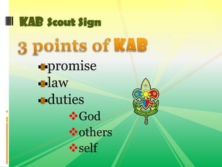 promise
law
duties
God
others
self
KAB Scout Sign
 