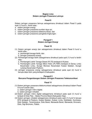14
Bagian Lima
Sistem Jaringan Prasarana Lainnya
Pasal 9
Sistem jaringan prasarana lainnya sebagaimana dimaksud dalam Pasal 5 pada
ayat (1) huruf c, terdiri atas :
a. sistem jaringan energi;
b. sistem jaringan prasarana sumber daya air;
c. sistem jaringan prasarana telekomunikasi; dan
d. sistem jaringan prasarana pengelola lingkungan.
Paragraf 1
Sistem Jaringan Energi
Pasal 10
(1) Sistem jaringan energi dan sebagaimana dimaksud dalam Pasal 9 huruf a
terdiri atas :
a. pembangkit tenaga listrik; dan
b. jaringan prasarana energi.
(2) Pembangkit tenaga listrik sebagaimana dimaksud pada ayat (1) huruf a terdiri
atas :
a. Pembangkit Listrik Tenaga Diesel (PLTD) terdapat di Kulawi;
b. Pembangkit Listrik Tenaga Mikro Hidro (PLTMH) terdapat di Danau Lindu
Kecamatan Lindu, Sungai Morowo Kecamatan Kulawi Selatan, Sungai
Lariang Kecamatan Pipikoro.
(3) Jaringan prasarana energi sebagaimana dimaksud pada ayat (2) huruf b
berupa depo bbm yang terdapat di kabupaten.
Paragraf 2
Rencana Pengembangan Sistem Jaringan Prasarana Telekomunikasi
Pasal 11
(1) Sistem jaringan prasarana telekomunikasi sebagaimana dimaksud dalam Pasal
9 huruf b terdiri atas :
a. sistem jaringan mikro digital;
b. sistem jaringan nirkabel.
(2) Sistem jaringan mikro digital sebagaimana dimaksud pada ayat (1) huruf a
terdpat di Kota Palu – Batas Provinsi Barat (Kabupaten Sigi).
(3) Sistem jaringan nirkabel sebagaimana dimaksud pada ayat (1) huruf b berupa
BTS terdapat di Pipikoro, Kulawi Selatan, Kulawi, Lindu, Nokilalaki, Gumbasa,
Dolo Selatan, Tanambulava, Dolo Barat, Marawola Barat, Marawola, Kinovaro,
Dolo, Sigi Biromaru, Palolo.
 