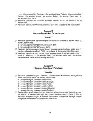 21
Lindu, Kecamatan Sigi Biromaru, Kecamatan Kulaw Selatan, Kecamatan Dolo
Selatan, Kecamatan Kulawi, Kecamatan Palolo, Kecamatan Gumbasa dan
Kecamatan Dolo Barat.
(6) Kawasan peruntukan tanaman Palawija seluas 2.876 Ha tersebar di 15
Kecamatan.
(7) Kawasan peruntukan Peternakan seluas 2.912 Ha tersebar di 15 Kecamatan.
Paragraf 3
Kawasan Peruntukan Pertambangan
Pasal 23
(1) Kawasan peruntukan pertambangan sebagaimana dimaksud dalam Pasal 20
huruf c, terdiri atas:
a. kawasan pertambangan mineral logam; dan
b. kawasan pertambangan panas bumi.
(2) Kawasan pertambangan mineral logam sebagaimana dimaksud pada ayat (1)
huruf a, seluas kurang lebih 7.950 Ha terdapat di Kecamatan Sigi Biromaru.
(3) Kawasan pertambangan panas bumi sebagaimana dimaksud pada ayat (1)
huruf b, tersebar di Kecamatan Dolo, Kecamatan Gumbasa, Kecamatan
Tanambulava, dan Kecamatan Sigi Biromaru.
Paragraf 4
Kawasan Peruntukan Pariwisata
Pasal 24
(1) Rencana pengembangan Kawasan Peruntukkan Pariwisata sebagaimana
dimaksud dalam Pasal 20 huruf d, terdiri atas :
a. pengembangan kawasan wisata alam;
b. pengembangan kawasan wisata budaya;
c. pengembangan kawasan wisata Agro;
d. pengembangan kawasan wisata Kuliner;
e. pengembangan kawasan wisata olahraga;
f. pengembangan kawasan wisata Edukasi;
(2) Rincian Rencana Pengembangan Kawasan Wisata tercantum dalam Lampiran
VII angka 3. Kawasan Budidaya Kabupaten; dan Lampiran II. Tabel 7. Rincian
Rencana Pengembangan Kawasan Peruntukan Pariwisata sebagai bagian
yang tidak terpisahkan dari Peraturan Daerah ini.
 