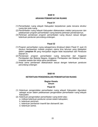 25
BAB VI
ARAHAN PEMANFAATAN RUANG
Pasal 31
(1) Pemanfaatan ruang wilayah Kabupaten berpedoman pada rencana struktur
ruang dan pola ruang.
(2) Pemanfaatan ruang wilayah Kabupaten dilaksanakan melalui penyusunan dan
pelaksanaan program pemanfaatan ruang beserta perkiraan pendanaannya.
(3) Perkiraan pendanaan program pemanfaatan ruang disusun sesuai dengan
ketentuan peraturan perundang-undangan.
Pasal 32
(1) Program pemanfaatan ruang sebagaimana dimaksud dalam Pasal 31 ayat (3)
disusun berdasarkan indikasi program utama lima tahunan yang ditetapkan
dalam Lampiran IV yang merupakan bagian tidak terpisahkan dari Peraturan
Daerah ini.
(2) Pendanaan program pemanfaatan ruang bersumber dari Anggaran
Pendapatan dan Belanja Negara, Anggaran Pendapatan dan Belanja Daerah,
investasi swasta dan kerja sama pendanaan.
(3) Kerja sama pendanaan dilaksanakan sesuai dengan ketentuan peraturan
perundang-undangan
BAB VII
KETENTUAN PENGENDALIAN PEMANFAATAN RUANG
Bagian Kesatu
Umum
Pasal 33
(1) Ketentuan pengendalian pemanfaatan ruang wilayah Kabupaten digunakan
sebagai acuan dalam pelaksanaan pengendalian pemanfaatan ruang wilayah
Kabupaten.
(2) Ketentuan pengendalian pemanfaatan ruang terdiri atas :
a. indikasi ketentuan peraturan zonasi sistem kabupaten;
b. ketentuan perizinan;
c. ketentuan pemberian insentif dan disinsentif; dan
d. ketentuan sanksi.
 