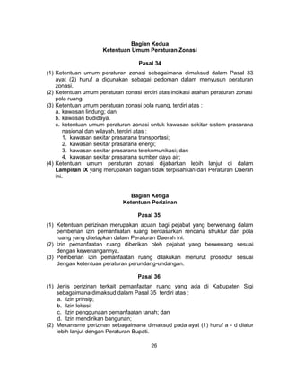 26
Bagian Kedua
Ketentuan Umum Peraturan Zonasi
Pasal 34
(1) Ketentuan umum peraturan zonasi sebagaimana dimaksud dalam Pasal 33
ayat (2) huruf a digunakan sebagai pedoman dalam menyusun peraturan
zonasi.
(2) Ketentuan umum peraturan zonasi terdiri atas indikasi arahan peraturan zonasi
pola ruang.
(3) Ketentuan umum peraturan zonasi pola ruang, terdiri atas :
a. kawasan lindung; dan
b. kawasan budidaya.
c. ketentuan umum peraturan zonasi untuk kawasan sekitar sistem prasarana
nasional dan wilayah, terdiri atas :
1. kawasan sekitar prasarana transportasi;
2. kawasan sekitar prasarana energi;
3. kawasan sekitar prasarana telekomunikasi; dan
4. kawasan sekitar prasarana sumber daya air;
(4) Ketentuan umum peraturan zonasi dijabarkan lebih lanjut di dalam
Lampiran IX yang merupakan bagian tidak terpisahkan dari Peraturan Daerah
ini.
Bagian Ketiga
Ketentuan Perizinan
Pasal 35
(1) Ketentuan perizinan merupakan acuan bagi pejabat yang berwenang dalam
pemberian izin pemanfaatan ruang berdasarkan rencana struktur dan pola
ruang yang ditetapkan dalam Peraturan Daerah ini.
(2) Izin pemanfaatan ruang diberikan oleh pejabat yang berwenang sesuai
dengan kewenangannya.
(3) Pemberian izin pemanfaatan ruang dilakukan menurut prosedur sesuai
dengan ketentuan peraturan perundang-undangan.
Pasal 36
(1) Jenis perizinan terkait pemanfaatan ruang yang ada di Kabupaten Sigi
sebagaimana dimaksud dalam Pasal 35 terdiri atas :
a. Izin prinsip;
b. Izin lokasi;
c. Izin penggunaan pemanfaatan tanah; dan
d. Izin mendirikan bangunan;
(2) Mekanisme perizinan sebagaimana dimaksud pada ayat (1) huruf a - d diatur
lebih lanjut dengan Peraturan Bupati.
 