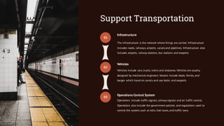 Support Transportation
The infrastructure is the network where things are carried. Infrastructure
includes roads, railways, airports, canals and pipelines. Infrastructure also
includes airports, railway stations, bus stations and seaports.
Vehicles include cars, trucks, trains and airplanes. Vehicles are usually
designed by mechanical engineers. Vessels include boats, ferries, and
barges which travel on canals and use docks and seaports
Operations include traffic signals, railway signals and air traffic control.
Operations also include the government policies and regulations used to
control the system,such as tolls, fuel taxes, and traffic laws.
Infrastructure
Vehicles
Operations Control System
03
02
01
 