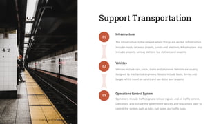 Support Transportation
The infrastructure is the network where things are carried. Infrastructure
includes roads, railways, airports, canals and pipelines. Infrastructure also
includes airports, railway stations, bus stations and seaports.
Vehicles include cars, trucks, trains and airplanes. Vehicles are usually
designed by mechanical engineers. Vessels include boats, ferries, and
barges which travel on canals and use docks and seaports
Operations include traffic signals, railway signals and air traffic control.
Operations also include the government policies and regulations used to
control the system,such as tolls, fuel taxes, and traffic laws.
Infrastructure
Vehicles
Operations Control System
03
02
01
 