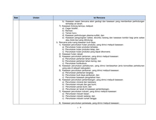 Bab Uraian Isi Rencana 
b) Kawasan rawan bencana alam geologi dan kawasan yang memberikan perlindungan 
terhadap air tanah. 
7) Kawasan lindung lainnya, meliputi: 
a) Cagar biosfer; 
b) Ramsar; 
c) Taman buru; 
d) Kawasan perlindungan plasma-nutfah; dan 
e) Kawasan pengungsian satwa, terumbu karang dan kawasan koridor bagi jenis satwa 
atau biota laut yang dilindungi. 
b. Rencana pola ruang kawasan budi daya 
1) Kawasan peruntukan hutan produksi, yang dirinci meliputi kawasan: 
a) Peruntukan hutan produksi terbatas; 
b) Peruntukan hutan produksi tetap; dan 
c) Peruntukan hutan produksi yang dapat dikonversi. 
2) Kawasan hutan rakyat; 
3) Kawasan peruntukan pertanian, yang dirinci meliputi kawasan: 
a) Peruntukan pertanian lahan basah; 
b) Peruntukan pertanian lahan kering; dan 
c) Peruntukan hortikultura. 
4) Kawasan peruntukan perkebunan, yang dirinci berdasarkan jenis komoditas perkebunan 
yang ada di wilayah kabupaten; 
5) Kawasan peruntukan perikanan, yang dirinci meliputi kawasan: 
a) Peruntukan perikanan tangkap; 
b) Peruntukan budi daya perikanan; dan 
c) Peruntukan kawasan pengolahan ikan. 
6) Kawasan peruntukan pertambangan, yang dirinci meliputi kawasan: 
a) Peruntukan mineral dan batubara; 
b) Peruntukan minyak dan gas bumi; 
c) Peruntukan panas bumi; dan 
d) Peruntukan air tanah di kawasan pertambangan. 
7) Kawasan peruntukan industri, yang dirinci meliputi kawasan: 
a) Peruntukan industri besar; 
b) Peruntukan industri sedang; dan 
c) Peruntukan industri rumah tangga. 
8) Kawasan peruntukan pariwisata, yang dirinci meliputi kawasan: 
L - 9 
 
