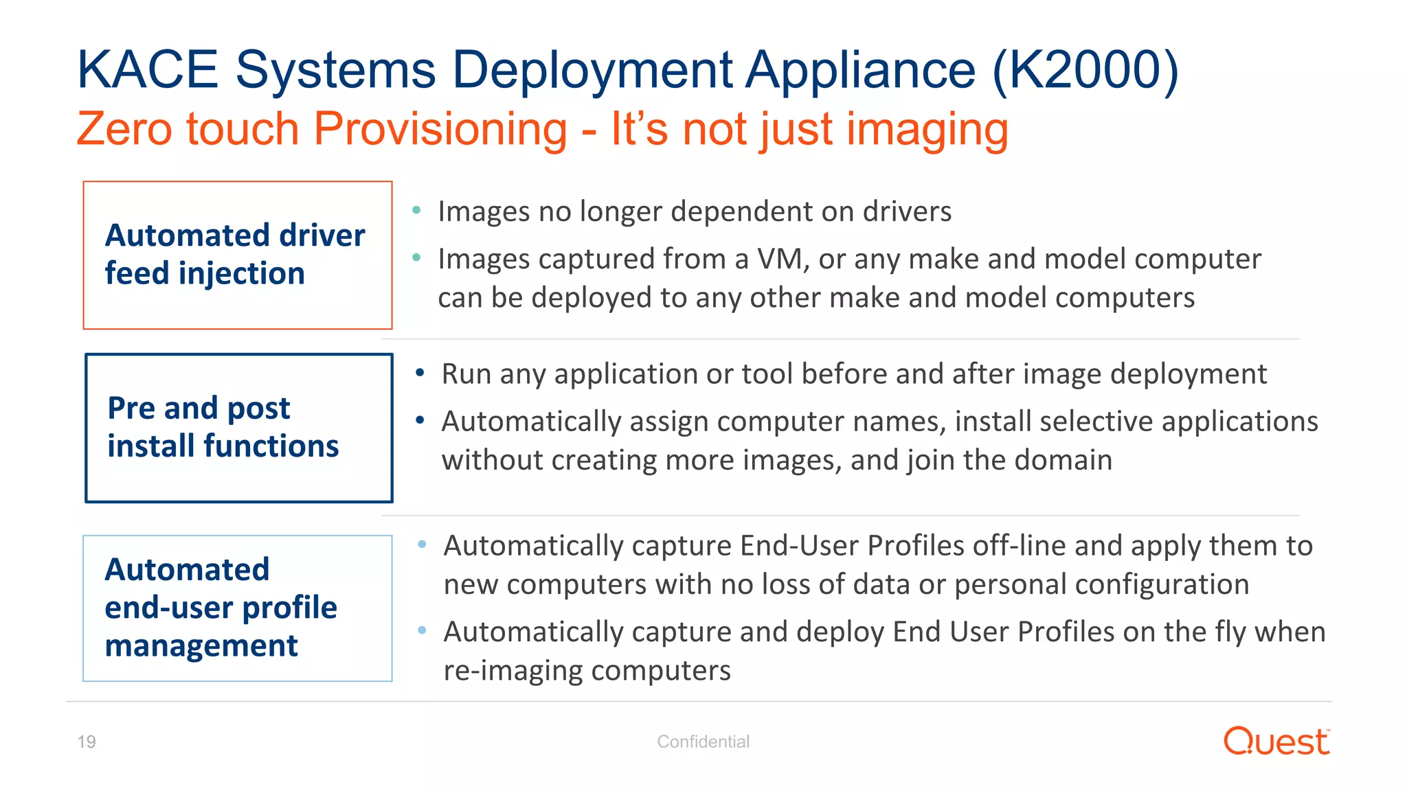 Confidential19
Zero touch Provisioning - It’s not just imaging
KACE Systems Deployment Appliance (K2000)
Automated driver
feed injection
• Images no longer dependent on drivers
• Images captured from a VM, or any make and model computer
can be deployed to any other make and model computers
Pre and post
install functions
• Run any application or tool before and after image deployment
• Automatically assign computer names, install selective applications
without creating more images, and join the domain
Automated
end-user profile
management
• Automatically capture End-User Profiles off-line and apply them to
new computers with no loss of data or personal configuration
• Automatically capture and deploy End User Profiles on the fly when
re-imaging computers
 