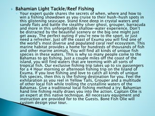  Bahamian Light Tackle/Reef Fishing
◦ Your expert guide shares the secrets of when, where and how to
win a fishing showdown as you cruise to their hush-hush spots in
this glistening seascape. Stand Knee deep in crystal waters and
sandy flats and battle the stealthy silver ghost, grouper, barracuda
and more in this unforgettable shallow-water experience. Don’t
be distracted by the beautiful scenery or the big one might just
get away. The perfect outing if you’re new to the sport, or just
need a refresher. Just off the coast of Exuma you will find one of
the world’s most diverse and populated coral reef ecosystem. This
marine habitat provides a home for hundreds of thousands of fish
and other marine animals. You will find all kinds of unique fish
species in these waters. This is why so many people come to the
Bahamas to go fishing. Just a couple miles off the coast of the
island, you will find waters that are teeming with all sorts of
tropical fish. Our exclusive fishing trip takes up to six passengers
for a 4 Hour morning or afternoon fishing trip on the Island of
Exuma. If you love fishing and love to catch all kinds of unique
fish species, then this is the fishing destination for you. Feel the
exhilaration as you reel in Yellow Tails, Grouper and a multitude
of other local fish while trolling the crystalline waters of the
Bahamas. Give a traditional local fishing method a try; Bahamian
hand line fishing really draws you into the action. Captain Olie is
an expert at this native technique. All necessary equipment and
instruction are provided for to the Guests. Bone Fish Olie will
custom design your tour.
 