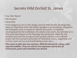 • Four Star Resort
• All-Inclusive
• Adult-Only
• From indigenous art to chic design, Secrets Wild Orchid, Montego Bay
takes its inspiration from the island's gorgeous surroundings, steeped in
the Ethiopian roots of Jamaica's African ancestors. Completely
encompassed by the Caribbean, this adults only resort, sits serenely on a
mile of private beach on the Montego Bay peninsula. Made for the
youthful soul and the young at heart, guests will discover a vibrant
locale with the exclusive amenities of Unlimited-Luxury, beginning with
24-hour room service and breathtaking ocean views.
• The resort is split into two sections, Wild Orchid and St. James, with
separate lobbies. They are sold as two separate resorts but all
restaurants, pools and amenities are shared.
Secrets Wild Orchid/ St. James
 