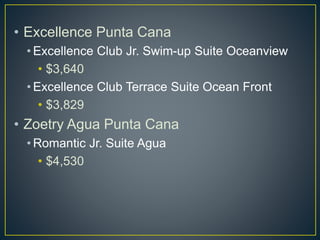 • Excellence Punta Cana
• Excellence Club Jr. Swim-up Suite Oceanview
• $3,640
• Excellence Club Terrace Suite Ocean Front
• $3,829
• Zoetry Agua Punta Cana
• Romantic Jr. Suite Agua
• $4,530
 