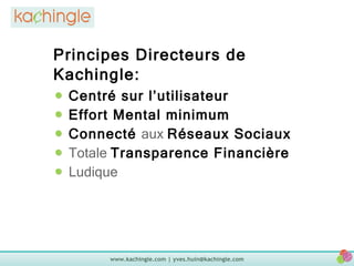Principes Directeurs de Kachingle:   Centré sur l’utilisateur Effort Mental minimum Connecté   aux  Réseaux Sociaux Totale  Transparence Financière 