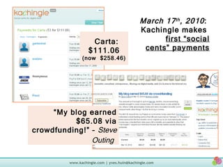 Carta: $111.06 (now  $258.46) March 17 th , 2010 :  Kachingle makes  first “social cents” payments “ My blog earned $65.08 via crowdfunding!” –  Steve Outing   