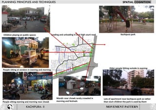 MOVEMENT PATTERN
Children playing on public spaces
People sitting at vendors in evening and morning
People sitting evening and morning near chowk
Lots of apartment near kachipura park so rather
than slum children the park is used by them
Mandir near chowk rarely crowded in
morning and festivals
Loading and unloading in east high court road Kachipura park
Older people Sitting outside in evening
 
