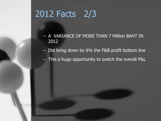 2012 Facts 2/3

 – A VARIANCE OF MORE THAN 7 Million BAHT IN
   2012
 – Did bring down by 6% the F&B profit bottom line
 – This a huge opportunity to switch the overall P&L
 