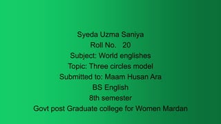 Syeda Uzma Saniya
Roll No. 20
Subject: World englishes
Topic: Three circles model
Submitted to: Maam Husan Ara
BS English
8th semester
Govt post Graduate college for Women Mardan
 