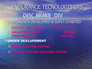 ENDURANCE TECNOLOGIS LTD COMPONENTS DEVELOPED & SUPLY STARTED DISC.BRAKE  DIV CAPACITY / DAY  PISTON MACHINING   WHEEL CYLELDER PISTON. CALLIPER PISTON   3000 NOS. UNDER DEVLAPEMENT   PUSH ROD FORK   1200 NOS. PRIMEARY PISTON/ SECANDRY PISTON   