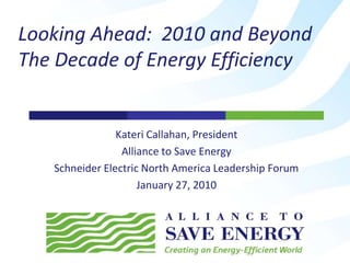 Kateri Callahan, President Alliance to Save Energy Schneider Electric North America Leadership Forum January 27, 2010 Looking Ahead:  2010 and Beyond The Decade of Energy Efficiency 