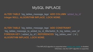 MySQL INPLACE
ALTER TABLE `big_tables_message_tags` ADD COLUMN `added_by_id`
integer NULL, ALGORITHM INPLACE, LOCK NONE;
A...